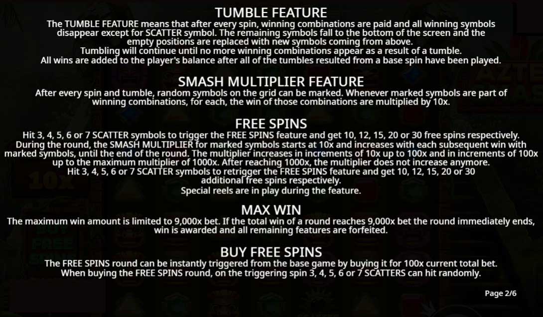 Aztec Smash slot game tumble and smash multiplier feature, free spins, max win, buy free spins