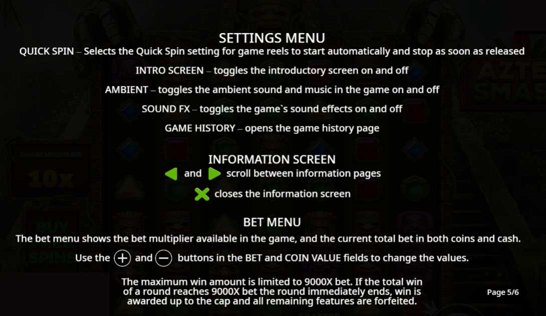 Aztec Smash slot game settings and bet menu